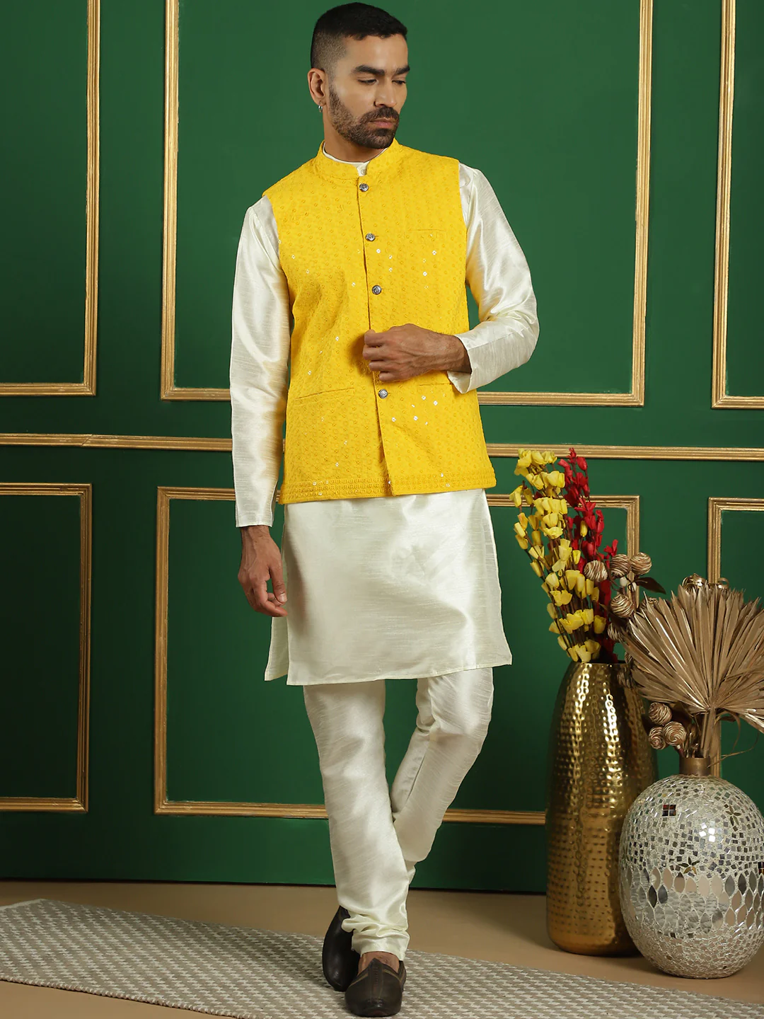Men's Indian Waistcoat Cotton Modi Vest With Sequins Work (Yellow) - Image 5