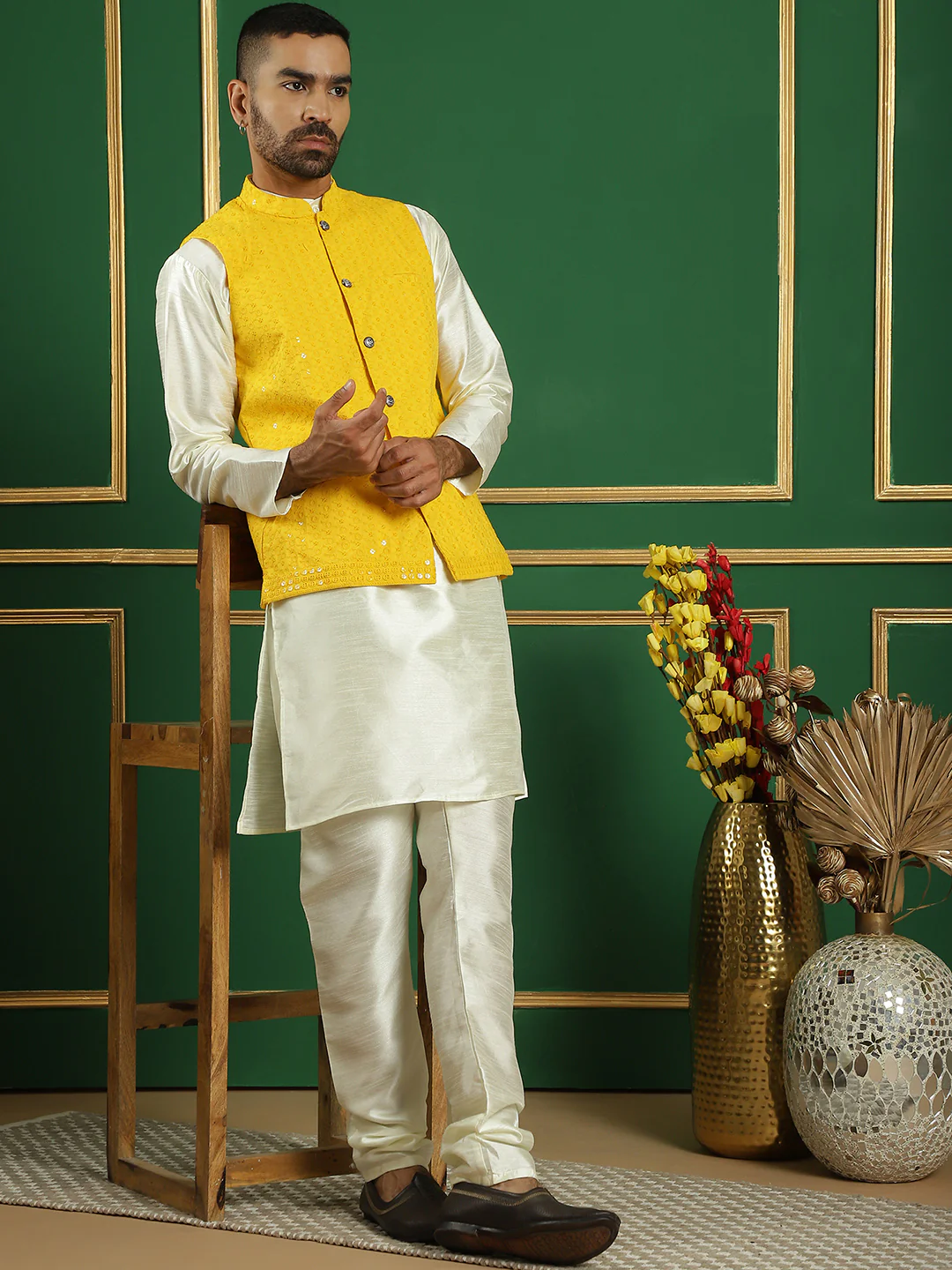 Men's Indian Waistcoat Cotton Modi Vest With Sequins Work (Yellow) - Image 6