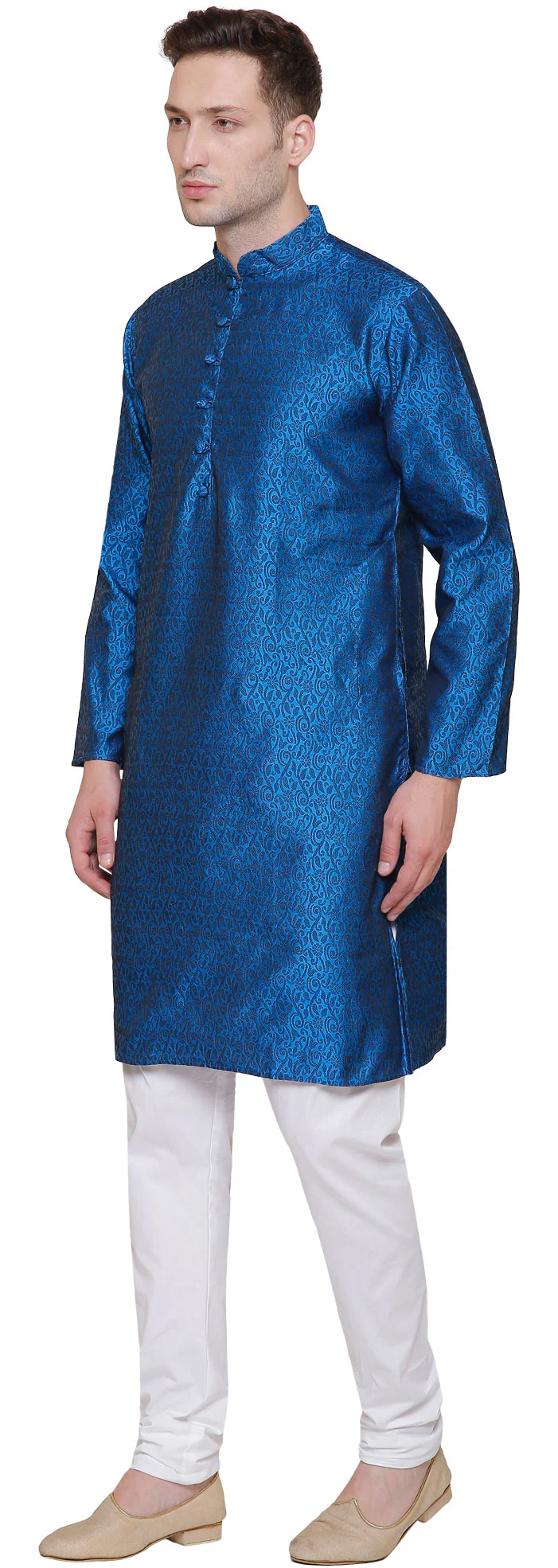 Men's Jacquard Silk Kurta Pajama India Clothing (Blue) - Image 2