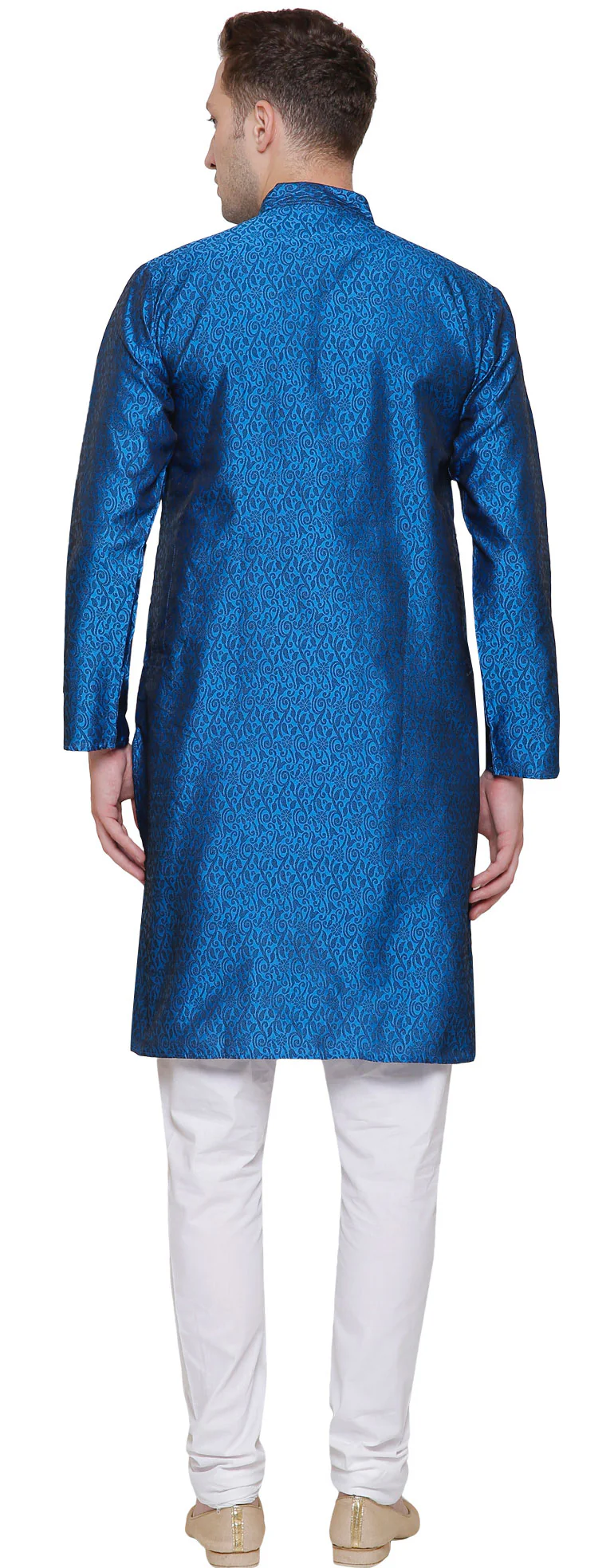 Men's Jacquard Silk Kurta Pajama India Clothing (Blue) - Image 3