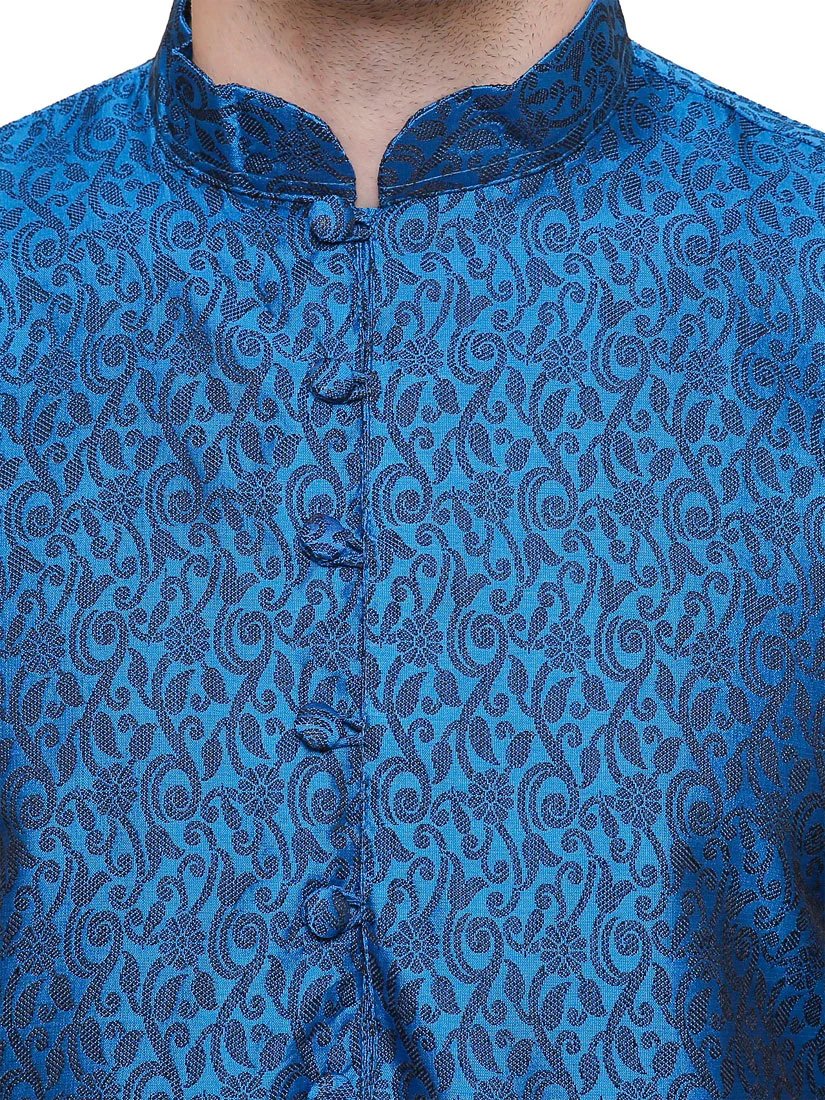 Men's Jacquard Silk Kurta Pajama India Clothing (Blue) - Image 4