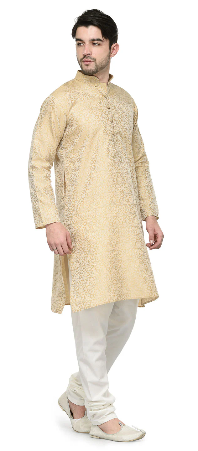 Men's Jacquard Silk Kurta Pajama India Clothing (Golden) - Image 2