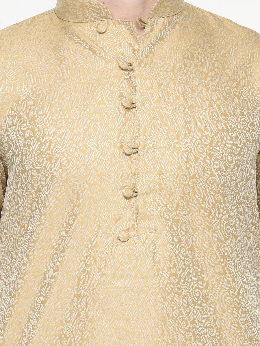 Men's Jacquard Silk Kurta Pajama India Clothing (Golden) - Image 4