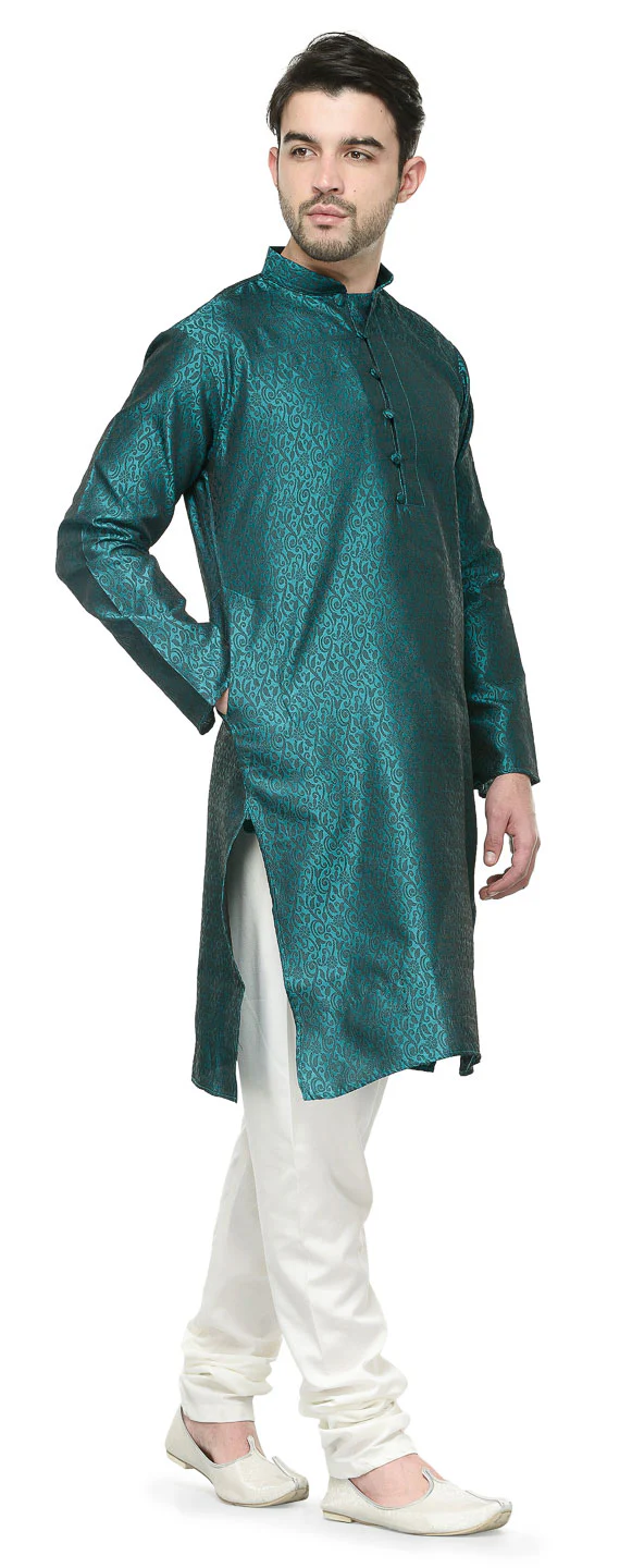 Men's Jacquard Silk Kurta Pajama India Clothing (Green) - Image 2