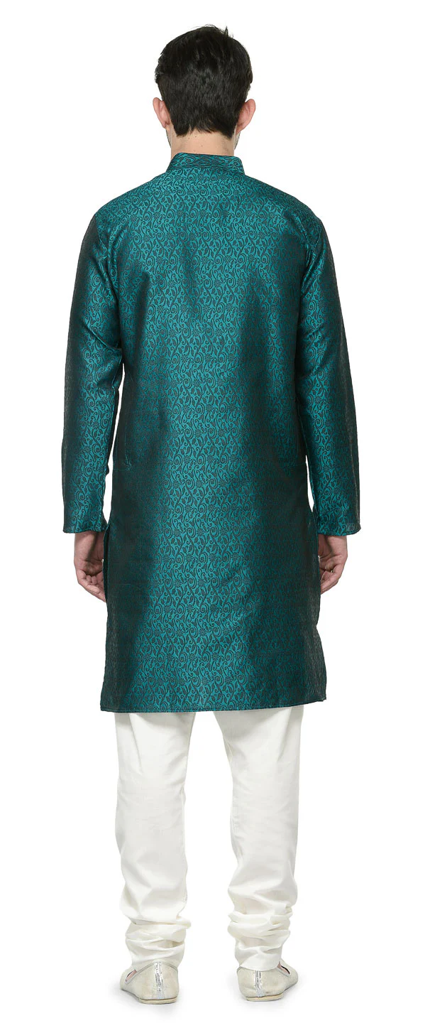 Men's Jacquard Silk Kurta Pajama India Clothing (Green) - Image 3