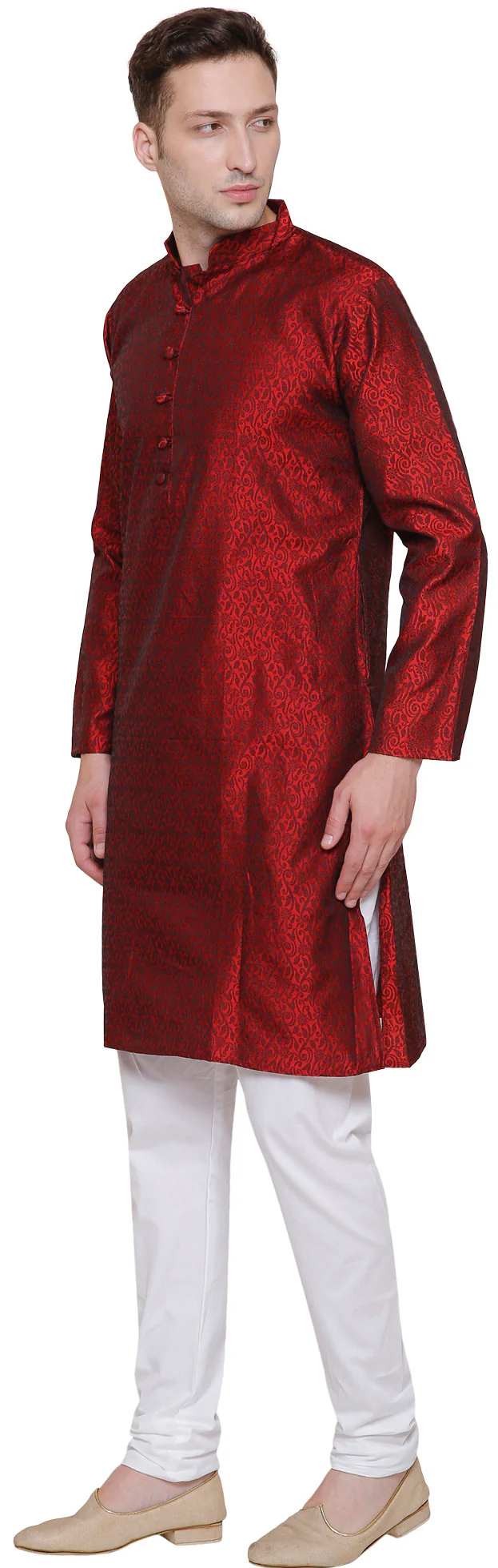 Men's Jacquard Silk Kurta Pajama India Clothing (Maroon) - Image 2