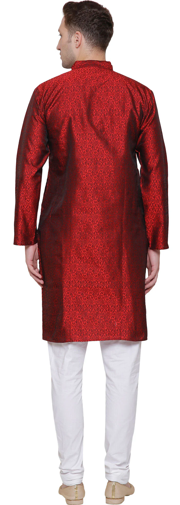 Men's Jacquard Silk Kurta Pajama India Clothing (Maroon) - Image 3
