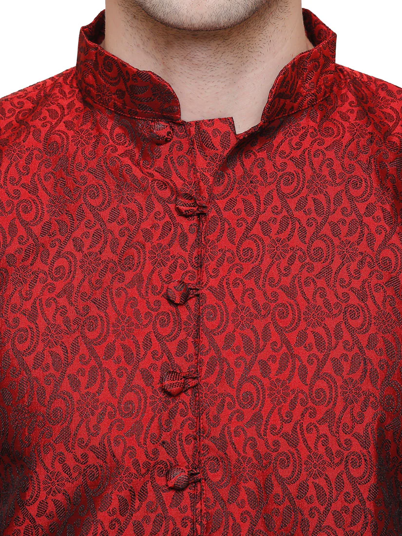 Men's Jacquard Silk Kurta Pajama India Clothing (Maroon) - Image 4