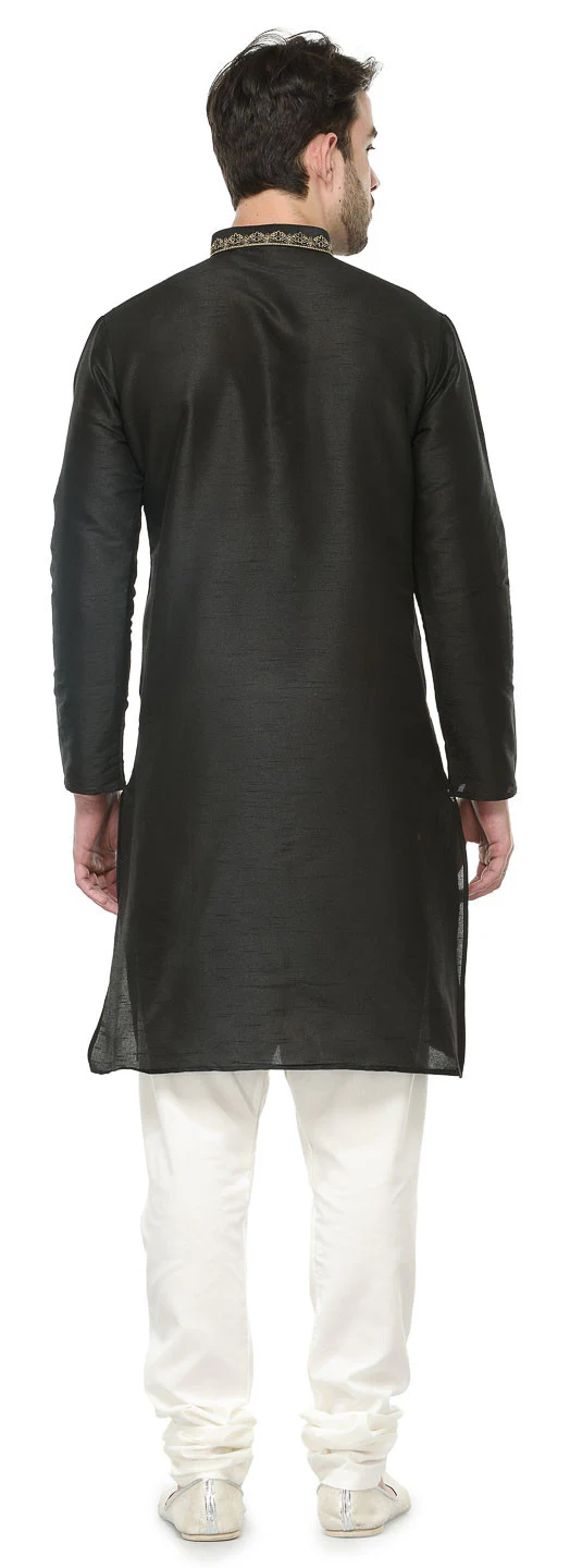 Mens Kurta Pajama Dupion Silk Indian Party Wear (Black) - Image 3