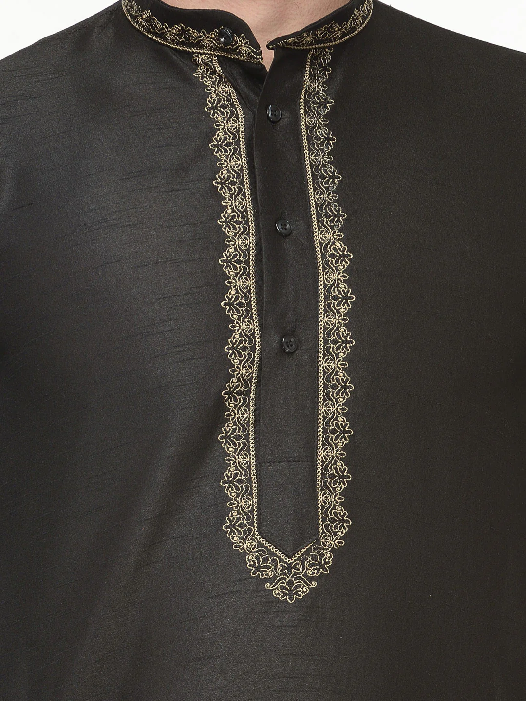 Mens Kurta Pajama Dupion Silk Indian Party Wear (Black) - Image 4