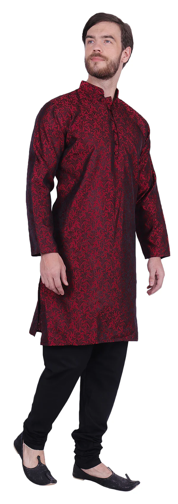 Men's Kurta Pajama Jacquard Silk India Clothing Party Wear (Maroon) - Image 2