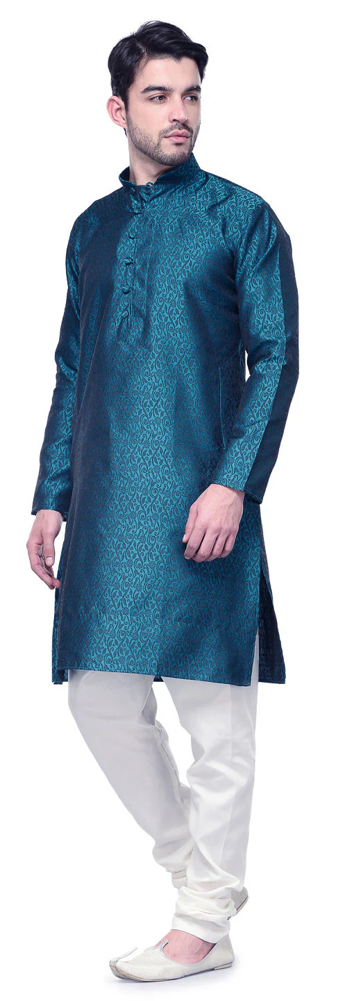 Mens Kurta Pajama Jacquard Silk Indian Party Wear (Blue) - Image 2