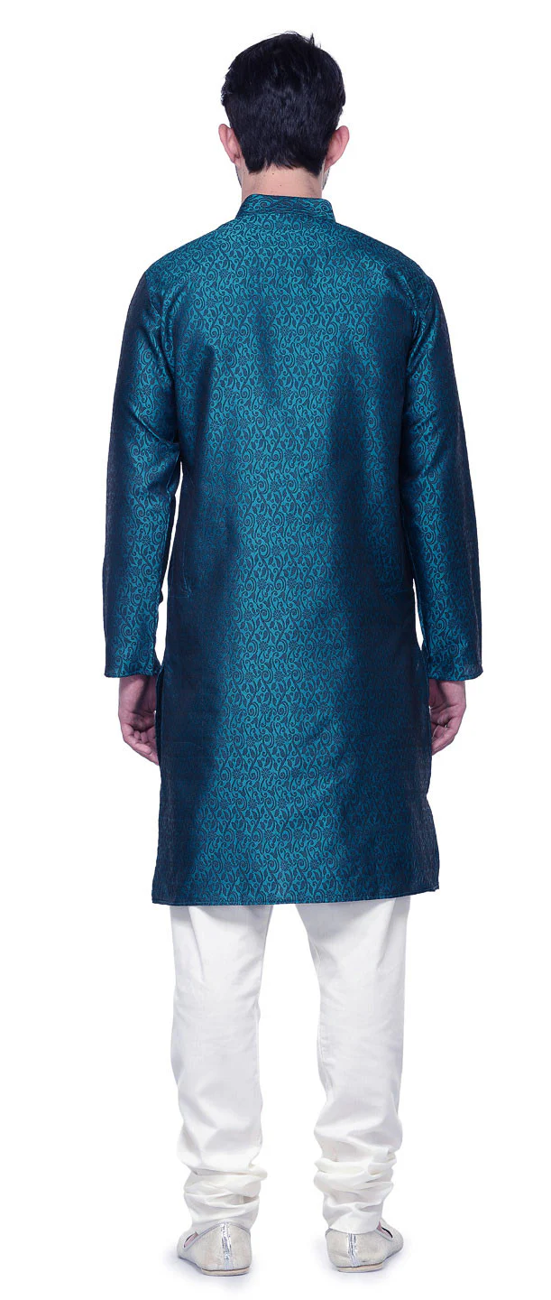 Mens Kurta Pajama Jacquard Silk Indian Party Wear (Blue) - Image 3