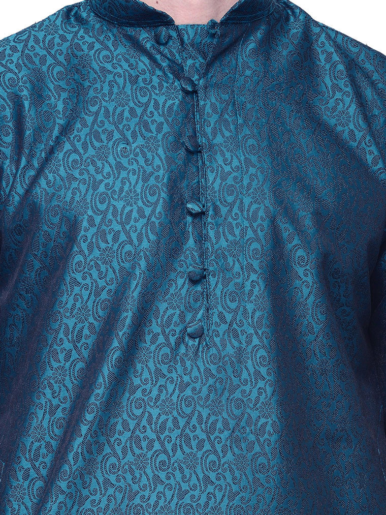 Mens Kurta Pajama Jacquard Silk Indian Party Wear (Blue) - Image 4