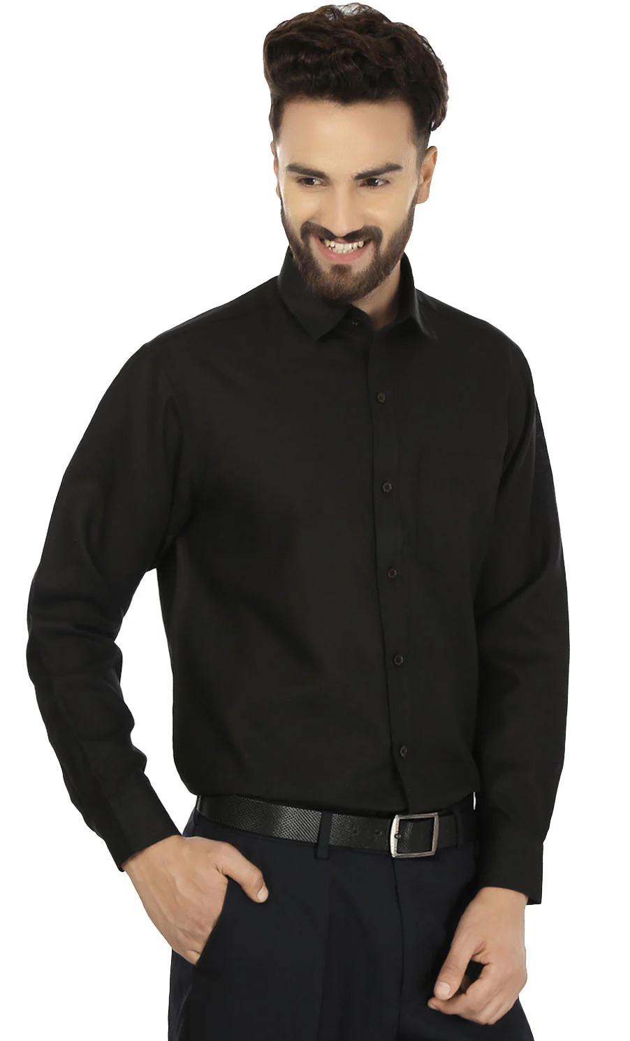 Men's Long Sleeve Cotton Dress Shirt Button Down (Black) - Image 5