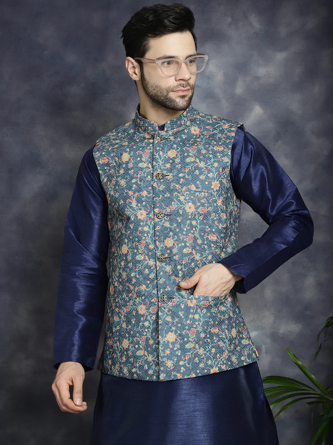 Men's Nehru Jacket Indian Vest Chikankari & Sequins Work (Blue)