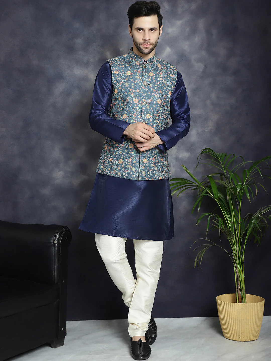 Men's Nehru Jacket Indian Vest Chikankari & Sequins Work (Blue) - Image 5