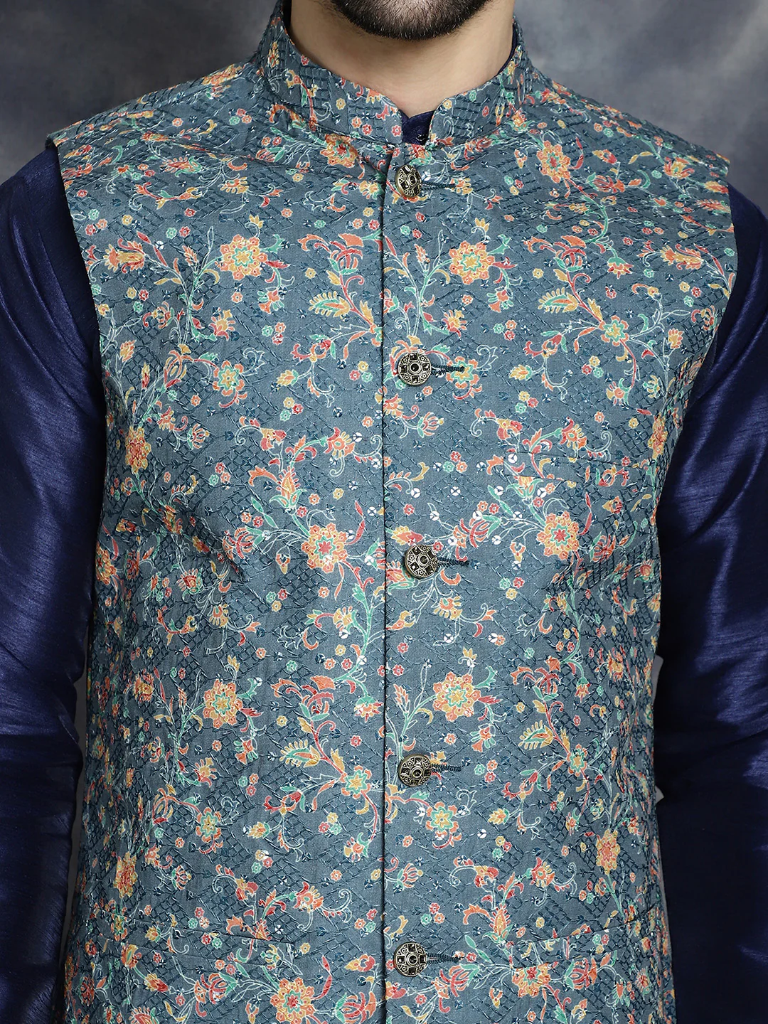 Men's Nehru Jacket Indian Vest Chikankari & Sequins Work (Blue) - Image 6
