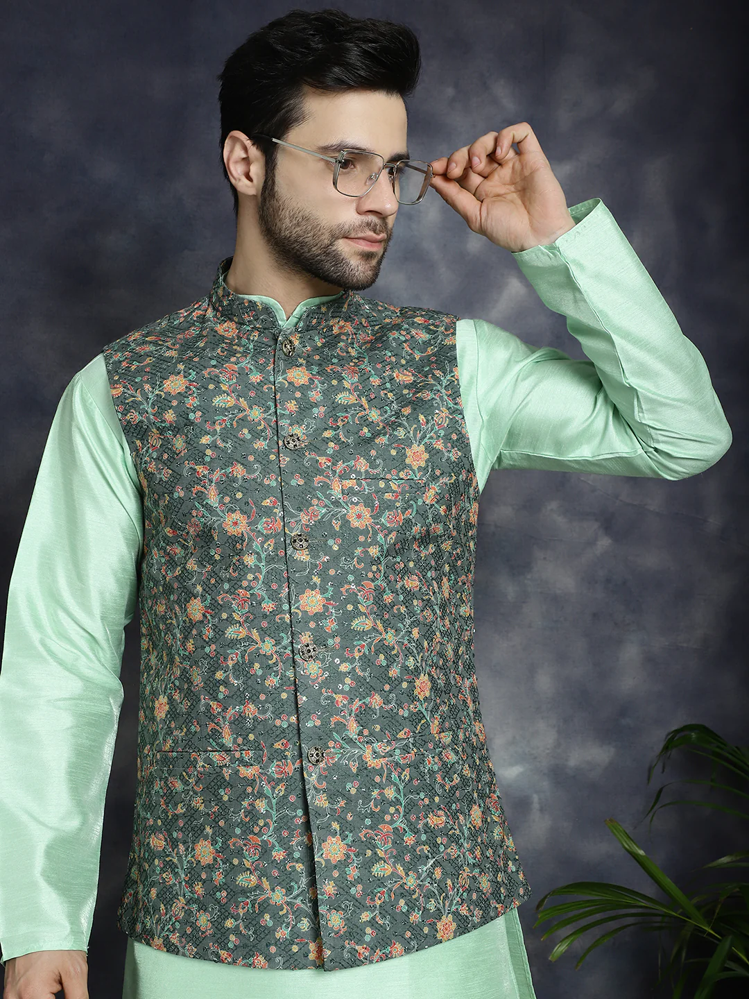 Men's Nehru Jacket Indian Vest Chikankari & Sequins Work (Olive)