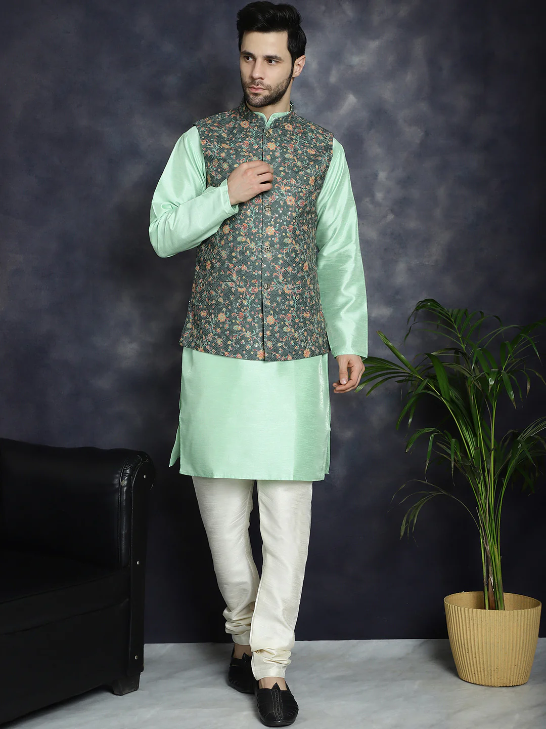 Men's Nehru Jacket Indian Vest Chikankari & Sequins Work (Olive) - Image 5