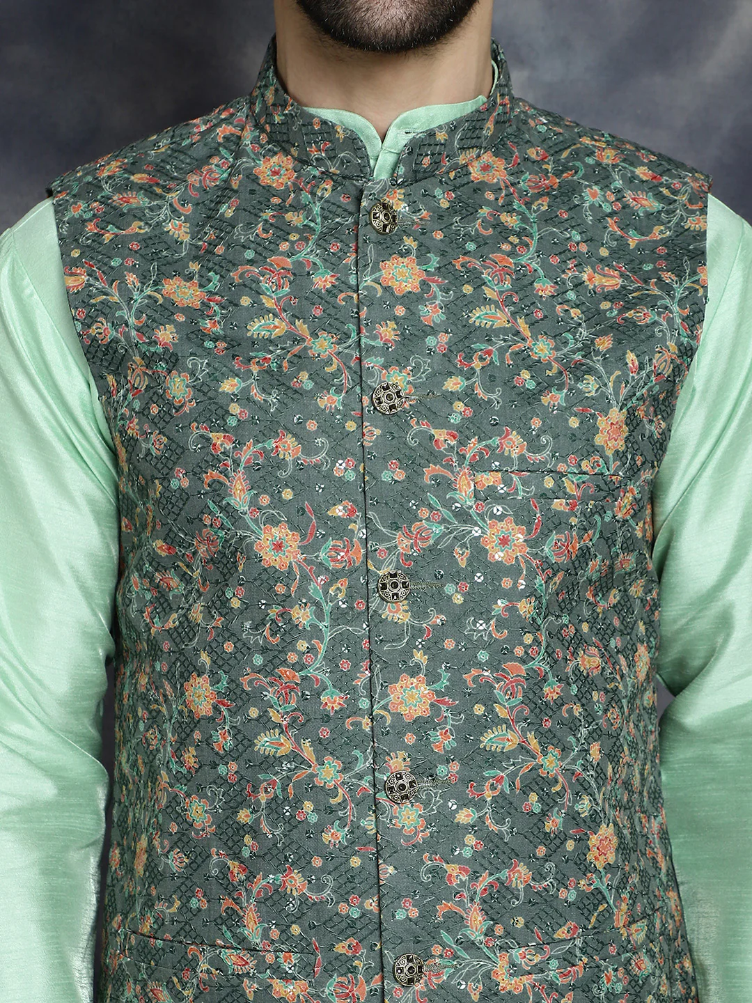 Men's Nehru Jacket Indian Vest Chikankari & Sequins Work (Olive) - Image 6