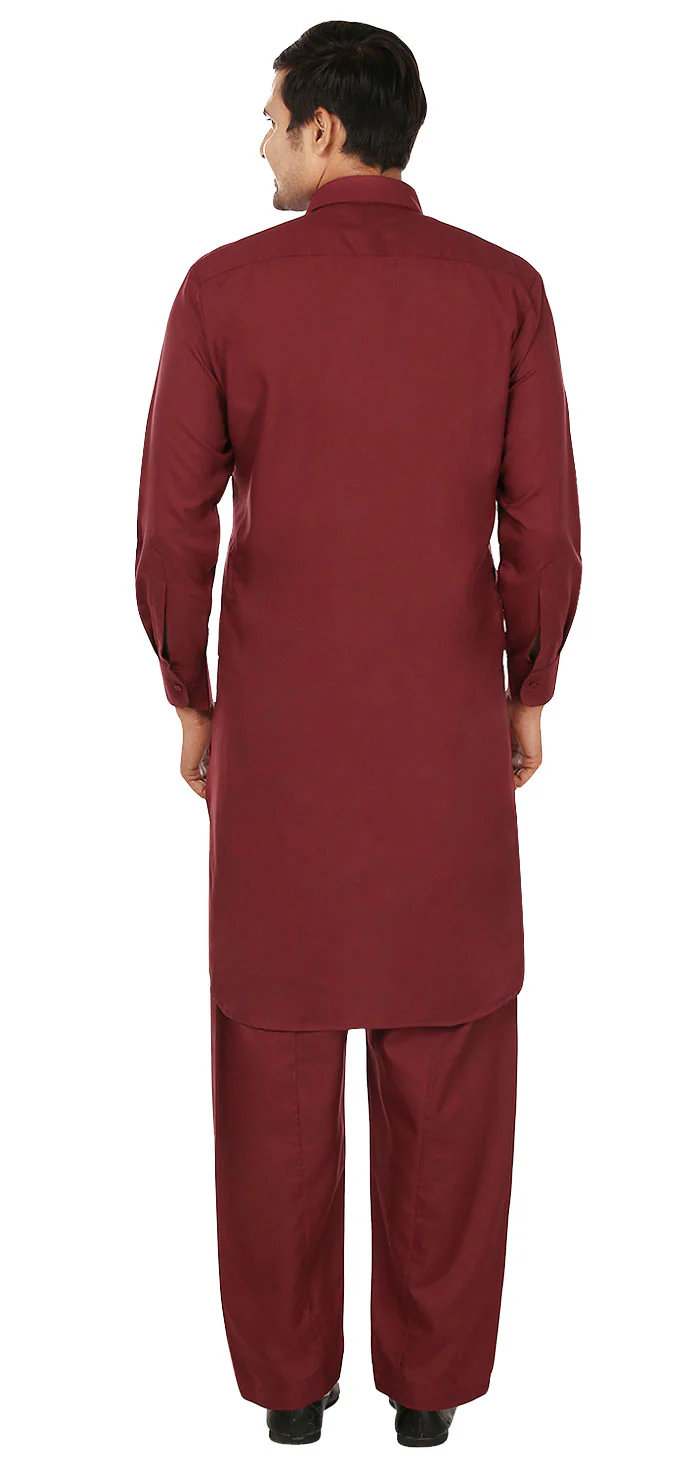 Men's Pathani Kurta Salwar Set Indian Party Wear Clothes (Maroon) - Image 3