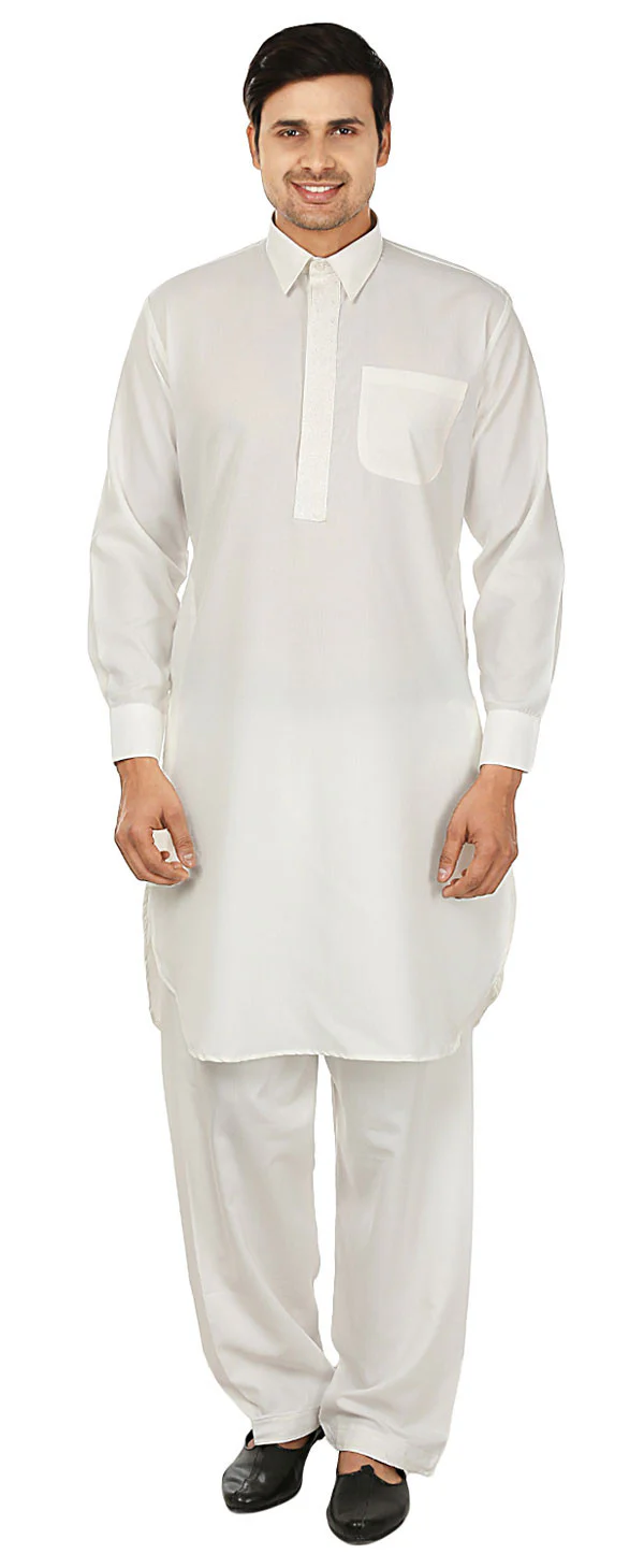 Men's Pathani Kurta Salwar Set Indian Party Wear Clothing (White)