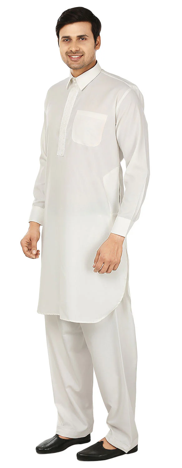 Men's Pathani Kurta Salwar Set Indian Party Wear Clothing (White) - Image 2