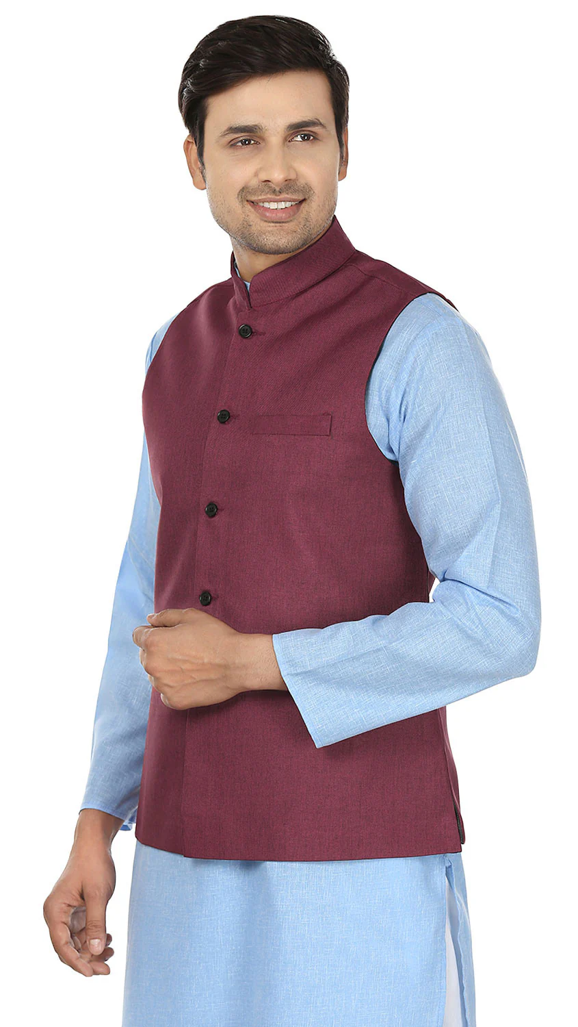 Men's Sleeve Less Jute Nehru Jacket Traditional India Waistcoat (Maroon) - Image 2
