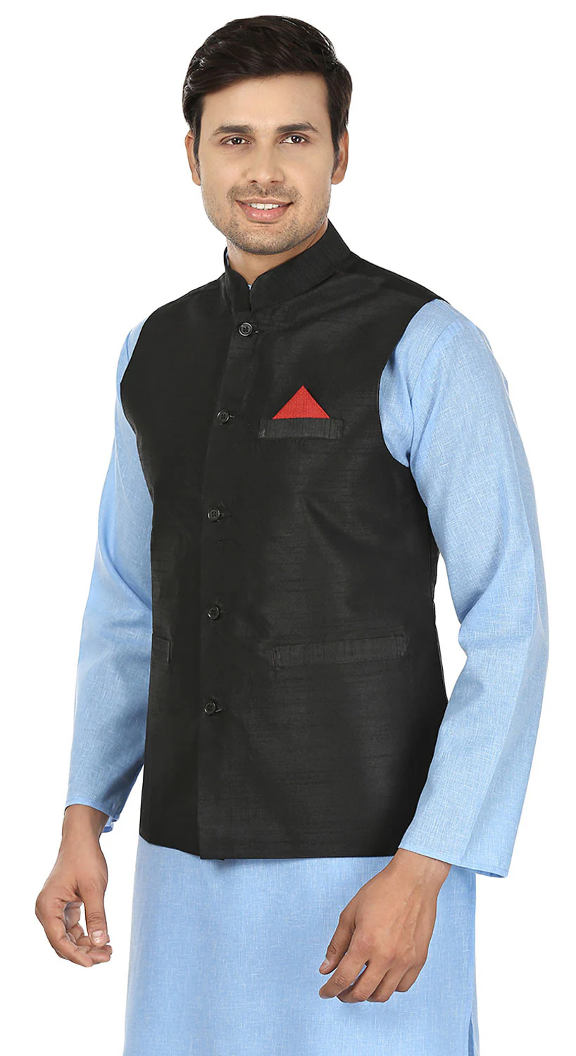 Men's Sleeve Less Silk Nehru Jacket Traditional India Waistcoat (Black) - Image 2
