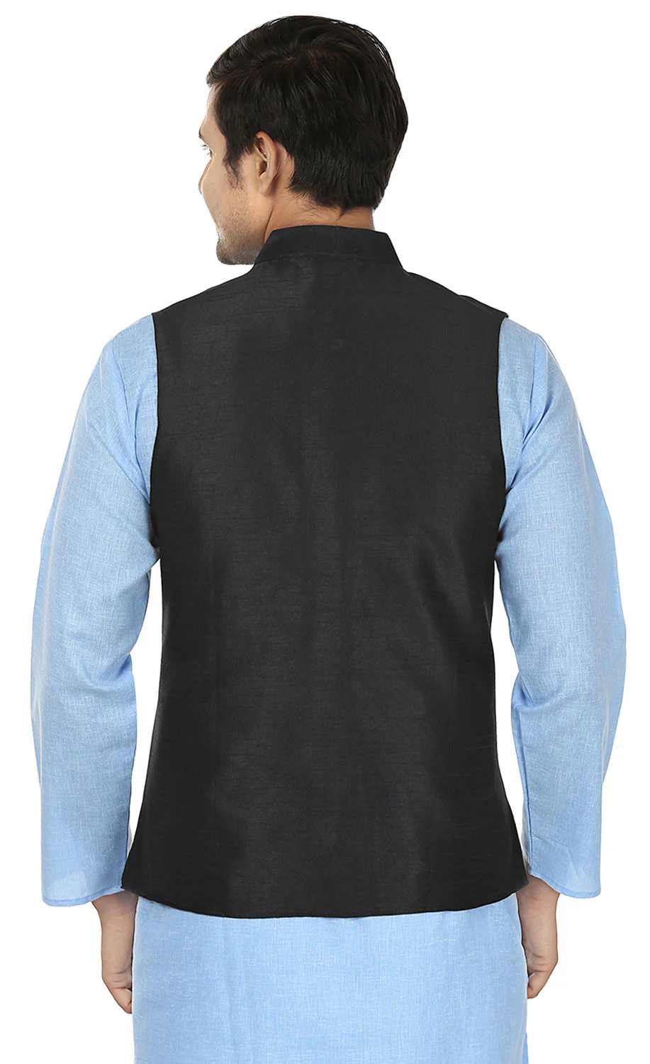 Men's Sleeve Less Silk Nehru Jacket Traditional India Waistcoat (Black) - Image 3