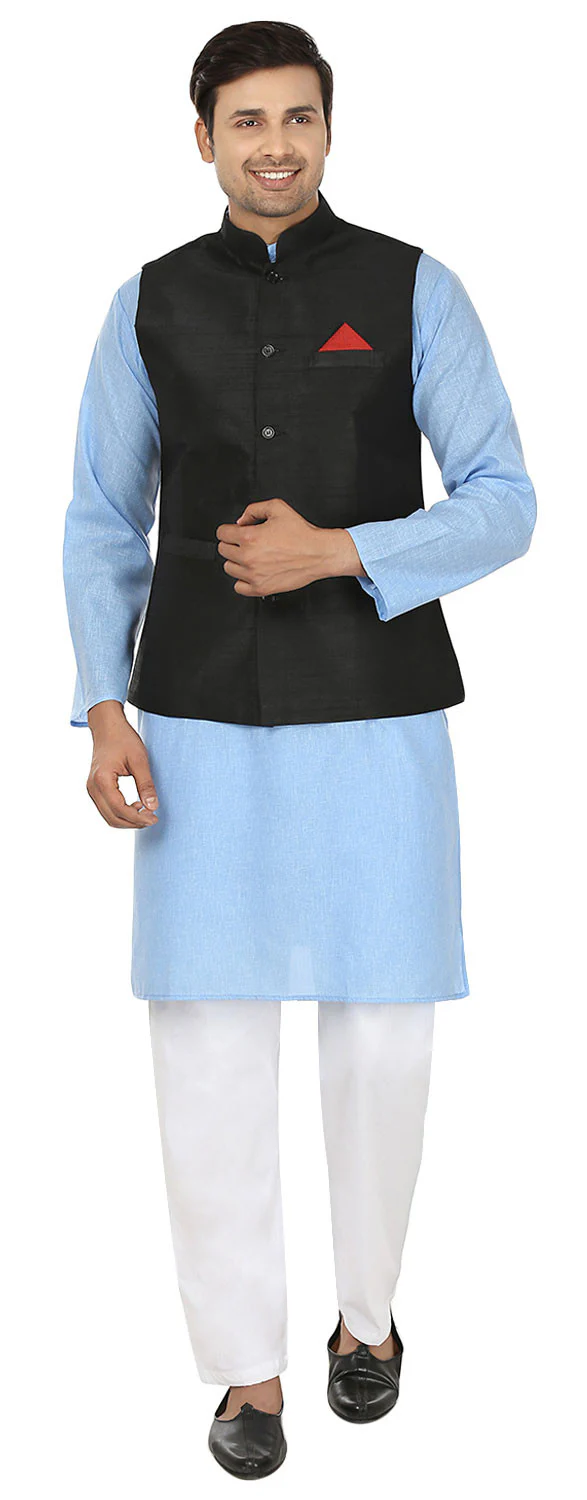 Men's Sleeve Less Silk Nehru Jacket Traditional India Waistcoat (Black) - Image 4
