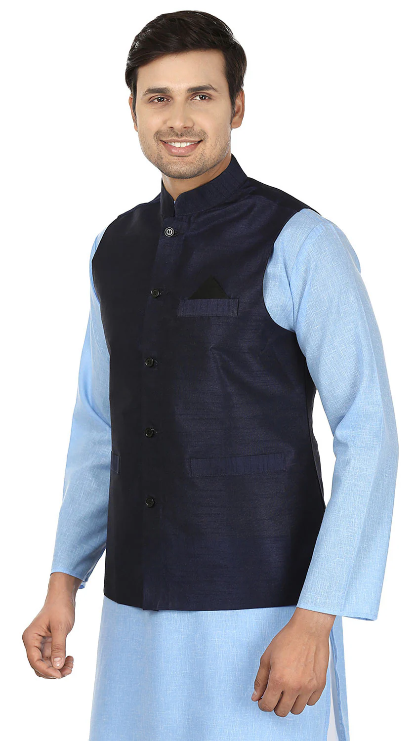Men's Sleeveless Silk Nehru Jacket Traditional India Waistcoat (Blue) - Image 2