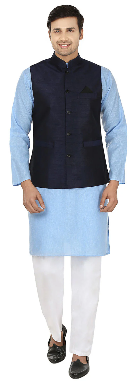 Men's Sleeveless Silk Nehru Jacket Traditional India Waistcoat (Blue) - Image 4