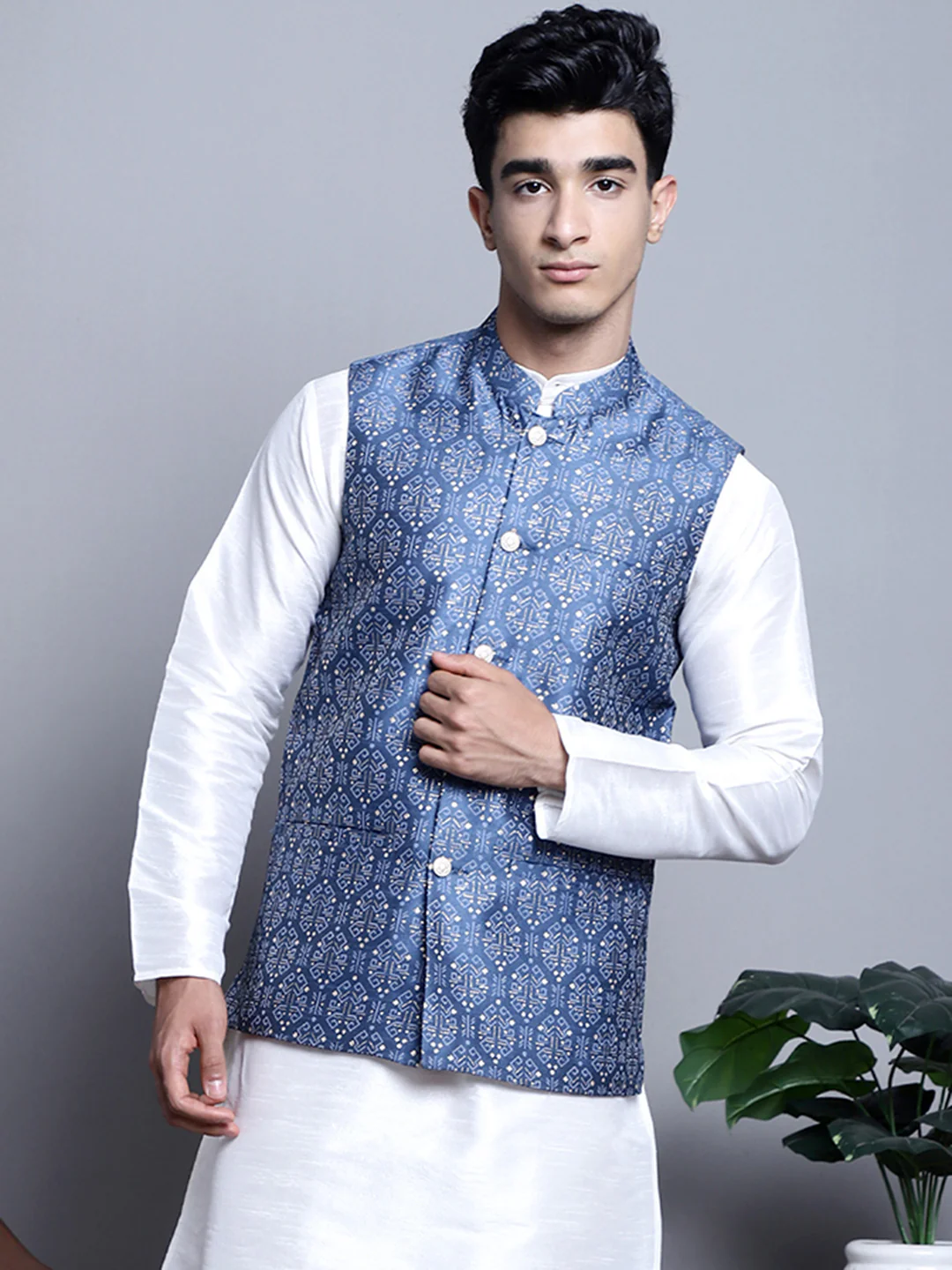 Men's Indian Vest Nehru Jacket Brocade Geometric Pattern (Blue)