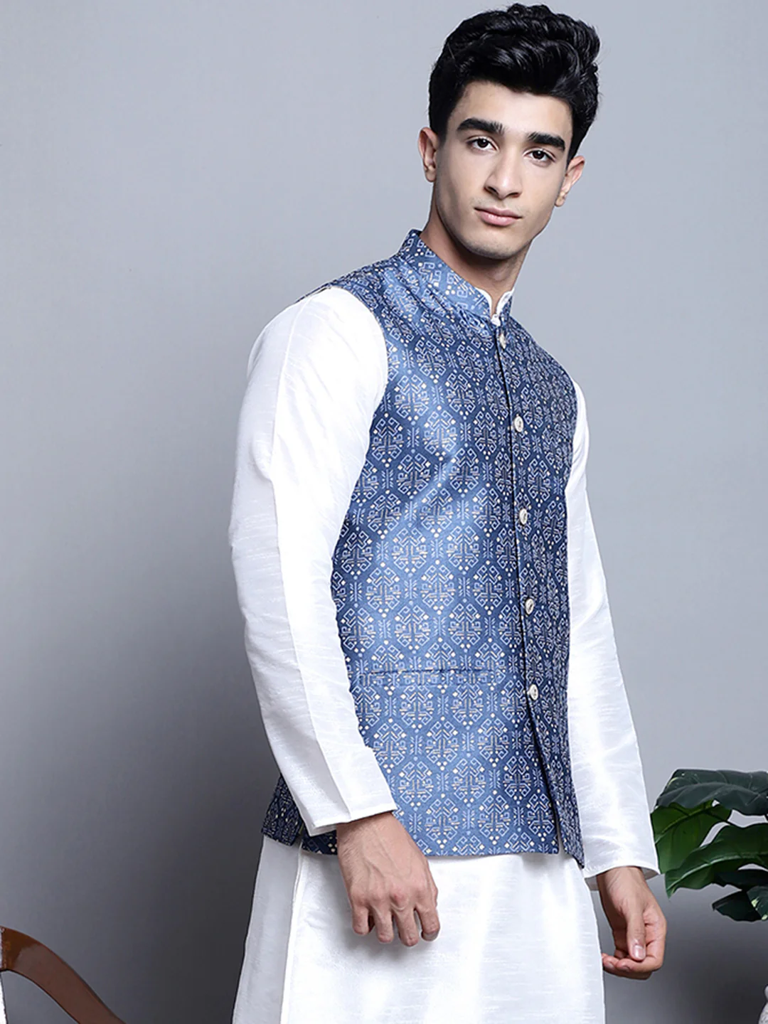 Men's Indian Vest Nehru Jacket Brocade Geometric Pattern (Blue) - Image 4