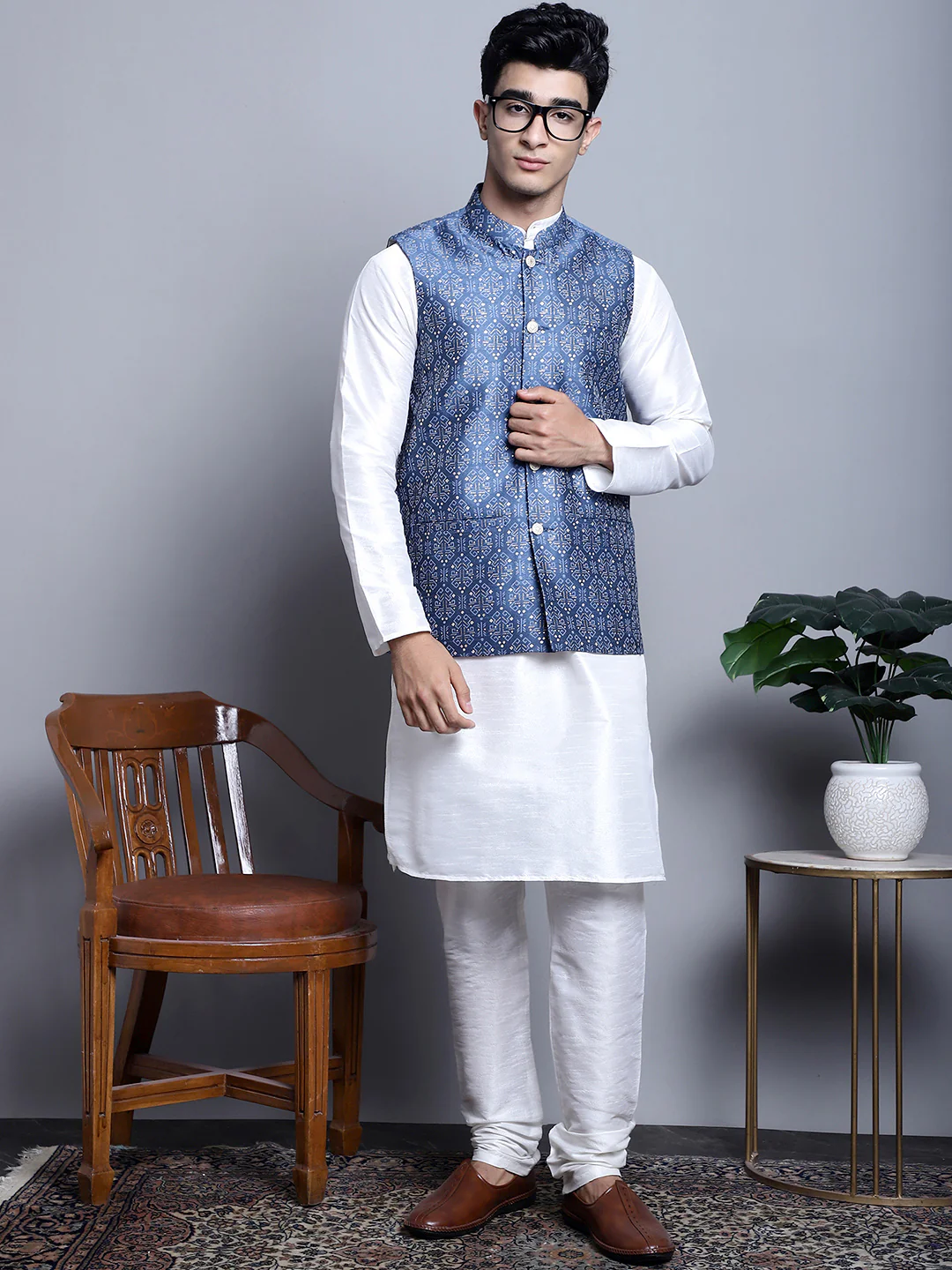 Men's Indian Vest Nehru Jacket Brocade Geometric Pattern (Blue) - Image 5