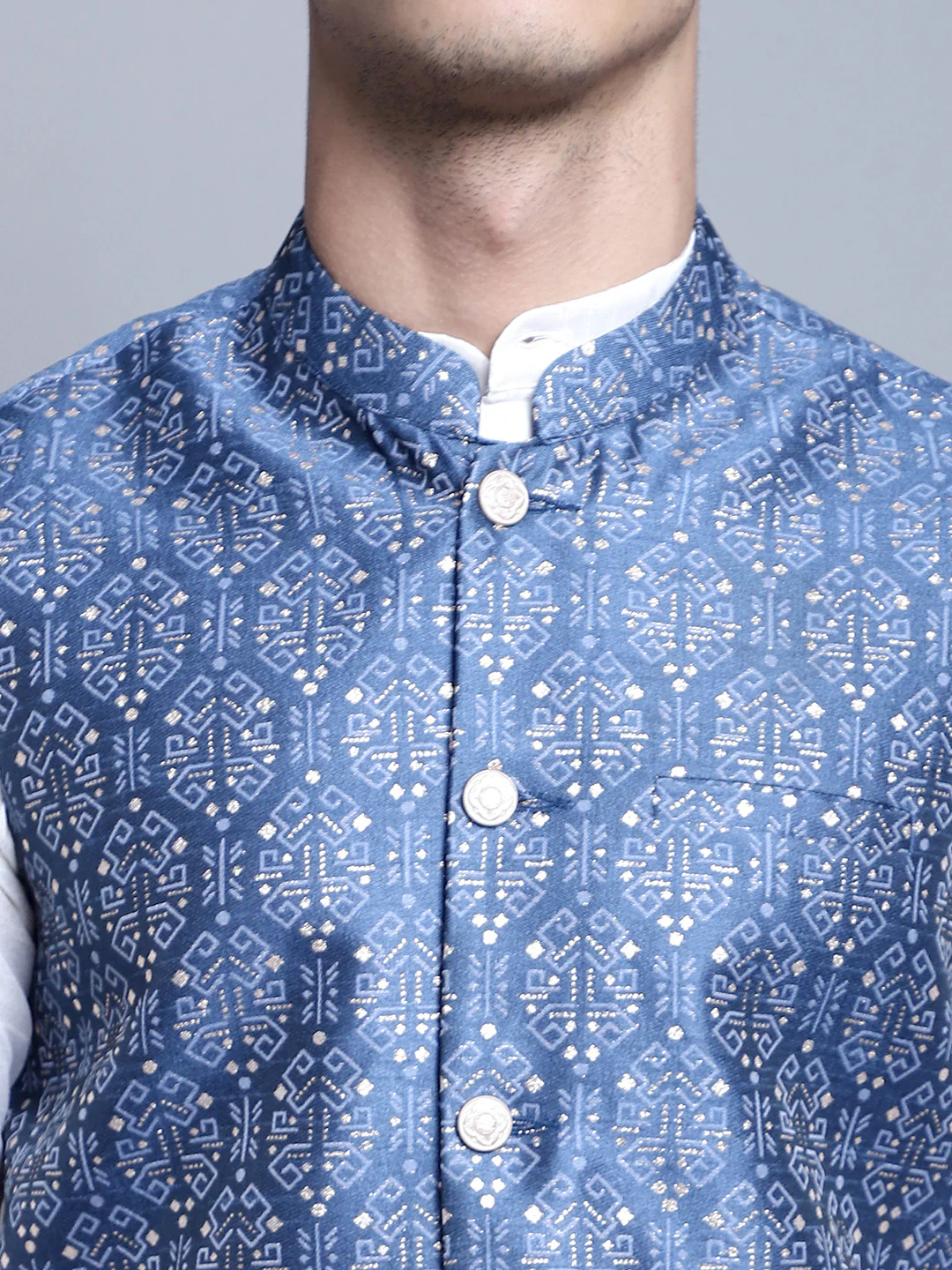 Men's Indian Vest Nehru Jacket Brocade Geometric Pattern (Blue) - Image 6