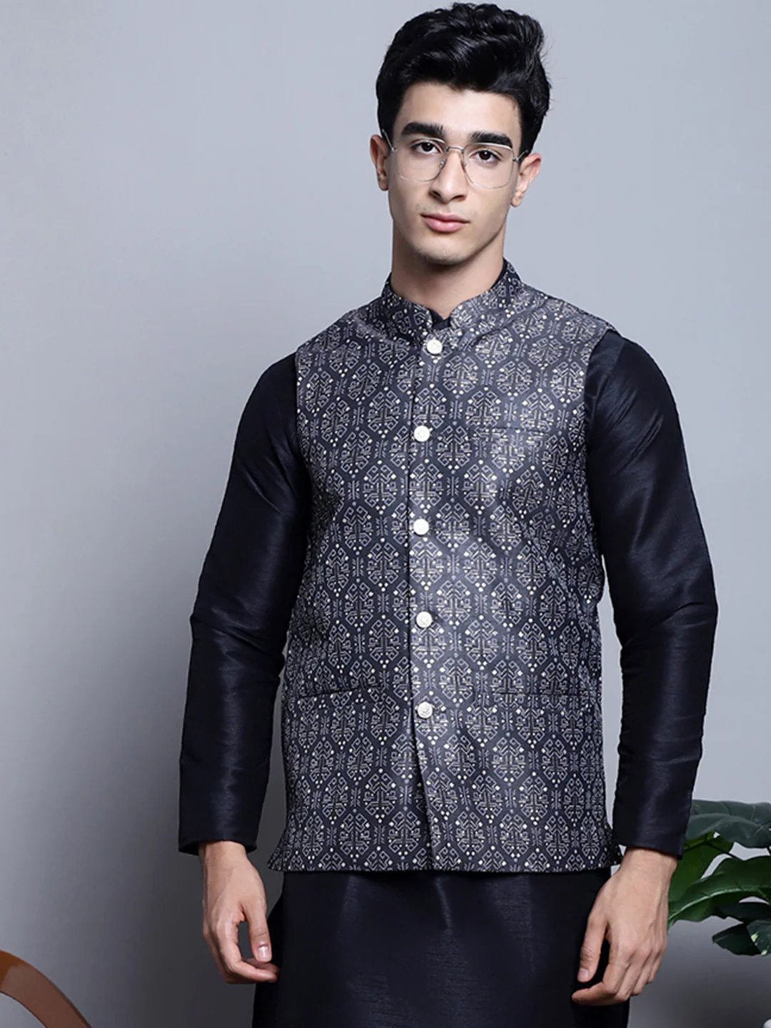 Men's Indian Vest Nehru Jacket Brocade Geometric Pattern (Charcoal)