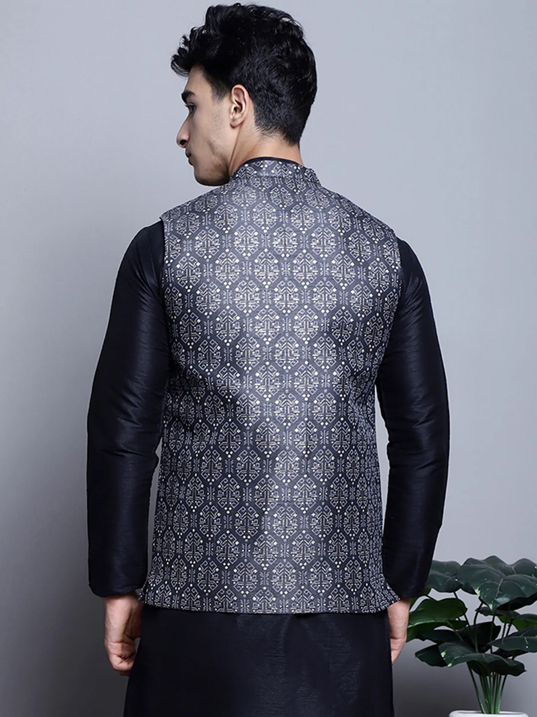 Men's Indian Vest Nehru Jacket Brocade Geometric Pattern (Charcoal) - Image 2