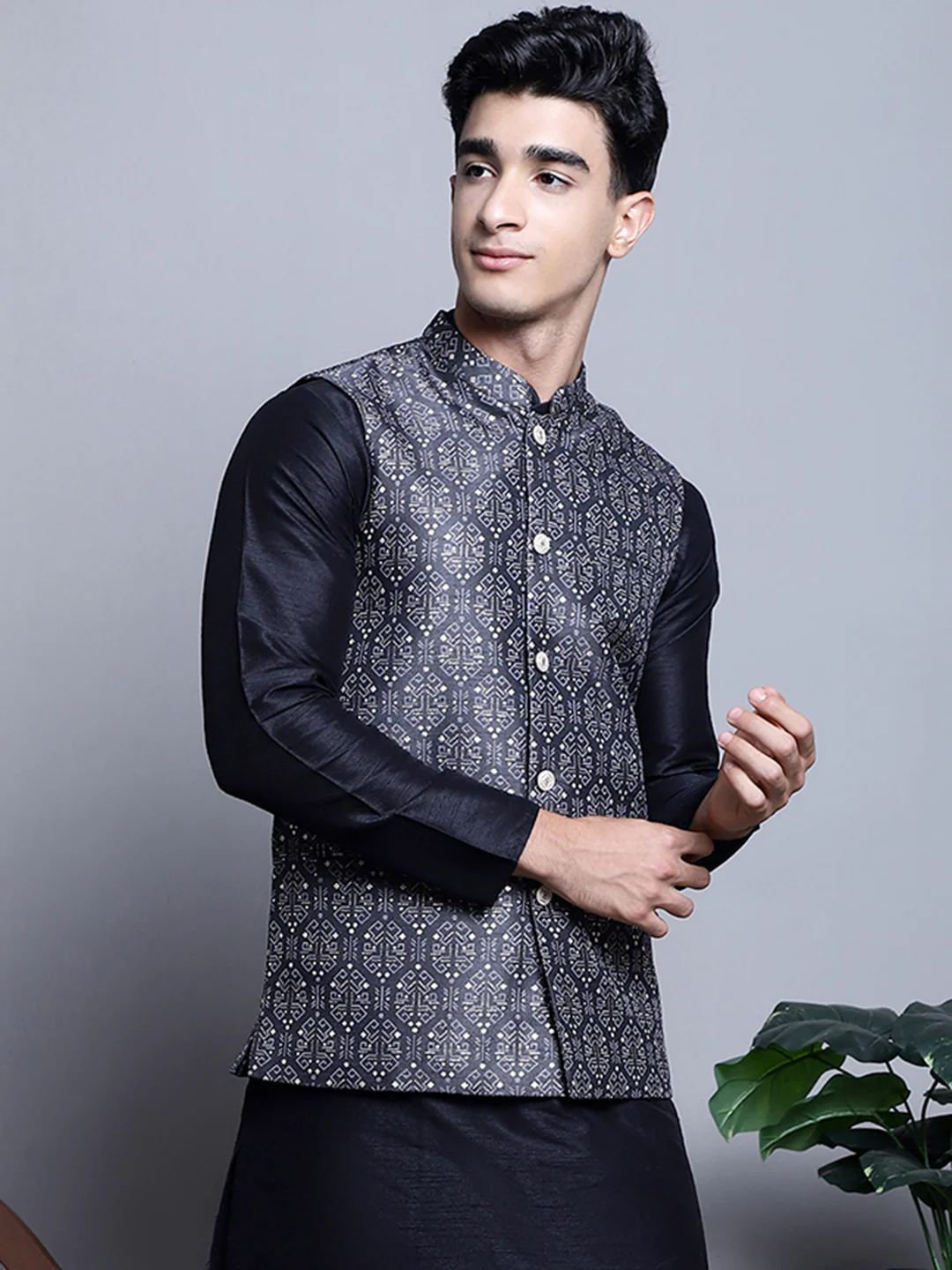 Men's Indian Vest Nehru Jacket Brocade Geometric Pattern (Charcoal) - Image 4