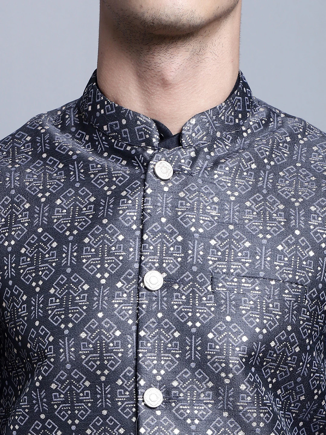 Men's Indian Vest Nehru Jacket Brocade Geometric Pattern (Charcoal) - Image 6