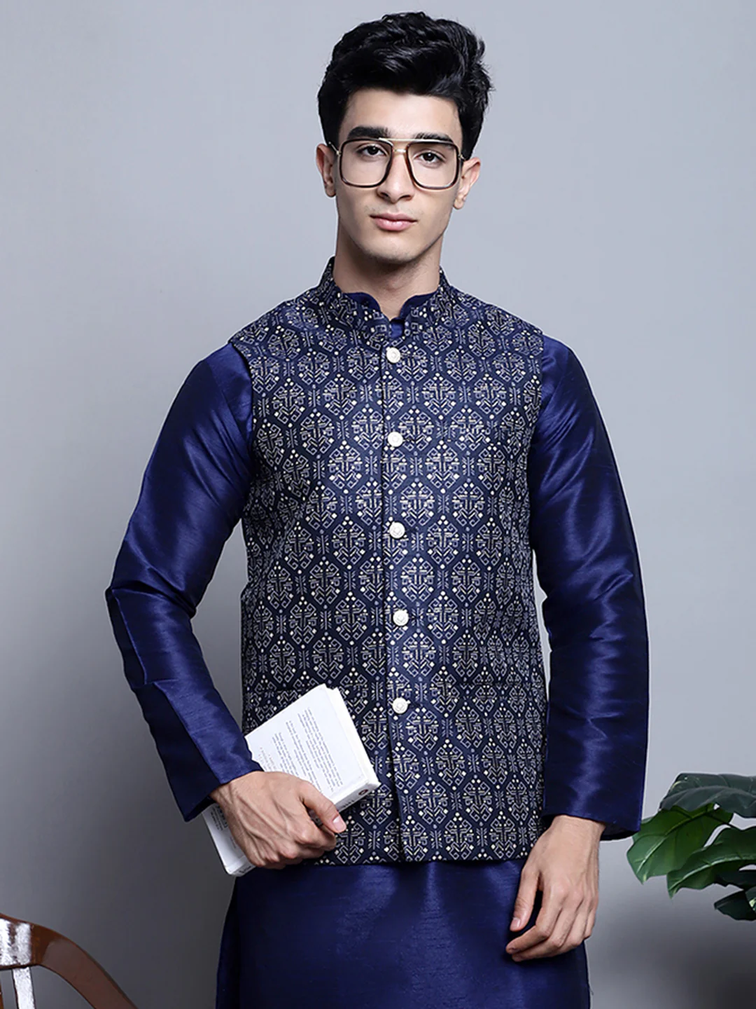 Men's Indian Vest Nehru Jacket Brocade Geometric Pattern (Navy Blue)