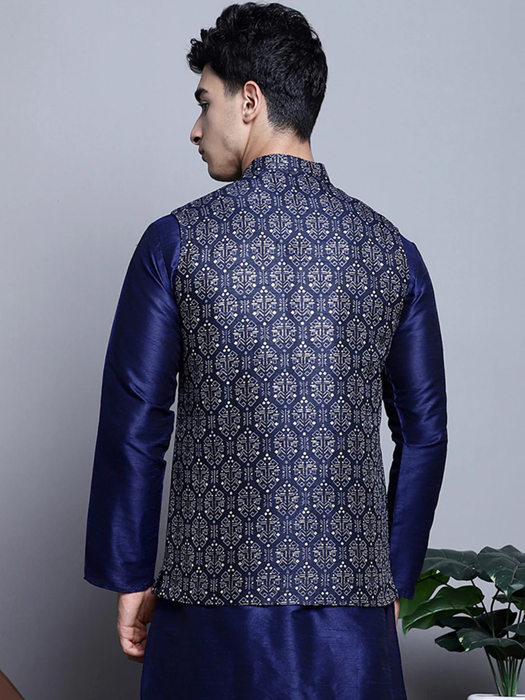 Men's Indian Vest Nehru Jacket Brocade Geometric Pattern (Navy Blue) - Image 2