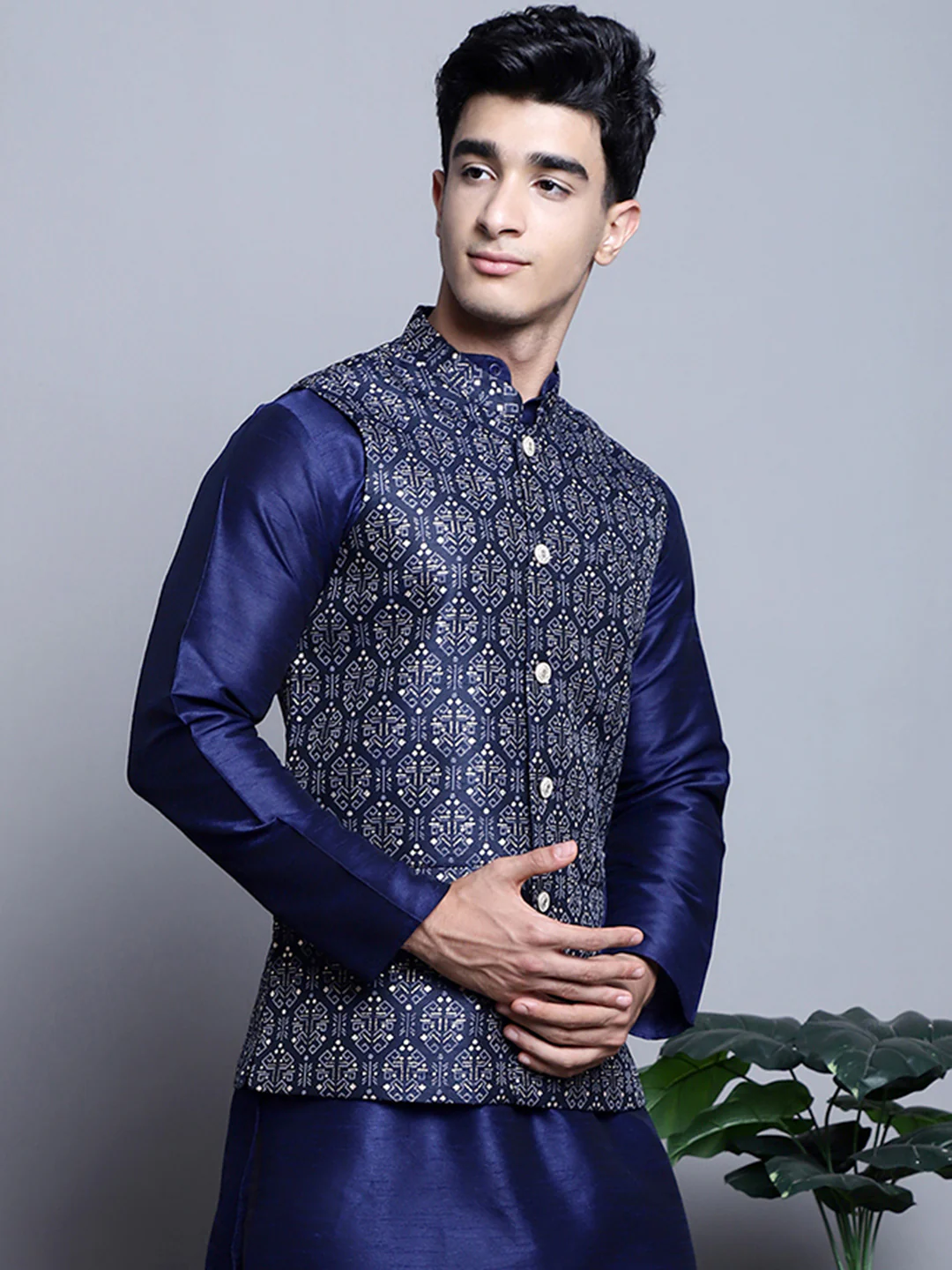 Men's Indian Vest Nehru Jacket Brocade Geometric Pattern (Navy Blue) - Image 4