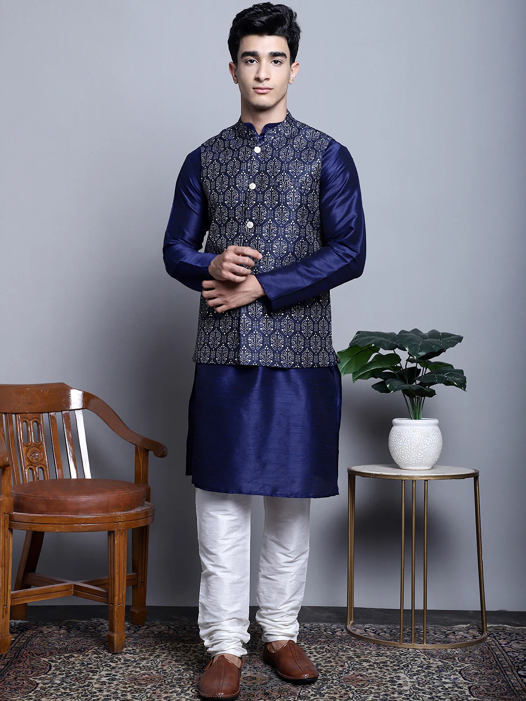 Men's Indian Vest Nehru Jacket Brocade Geometric Pattern (Navy Blue) - Image 5