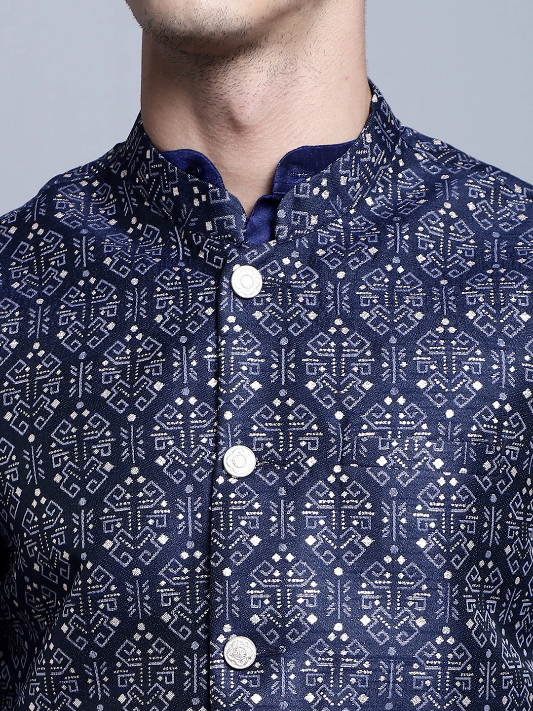 Men's Indian Vest Nehru Jacket Brocade Geometric Pattern (Navy Blue) - Image 6