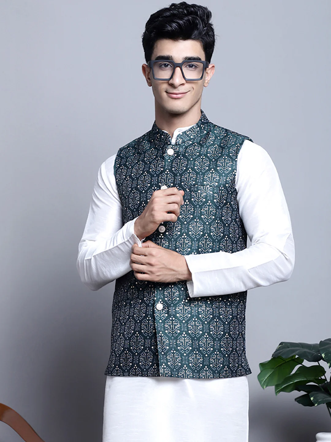 Men's Indian Vest Nehru Jacket Brocade Geometric Pattern (Olive)