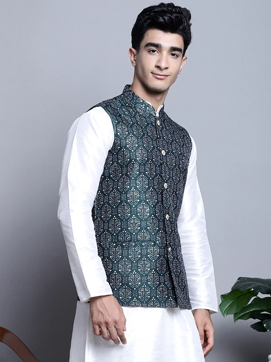 Men's Indian Vest Nehru Jacket Brocade Geometric Pattern (Olive) - Image 4