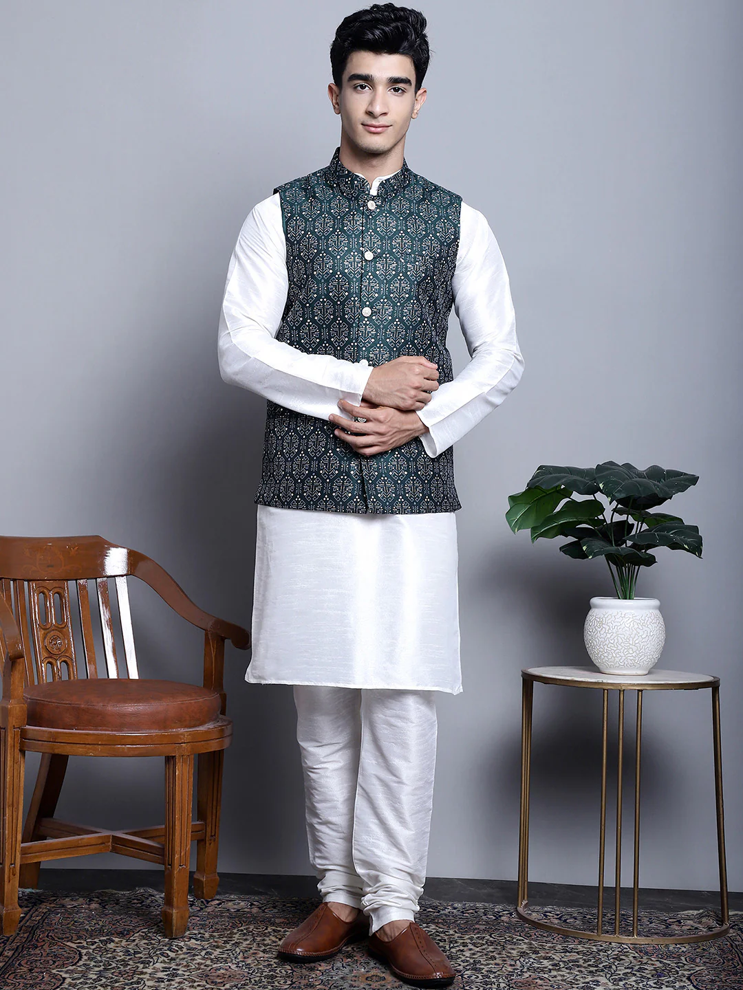 Men's Indian Vest Nehru Jacket Brocade Geometric Pattern (Olive) - Image 5